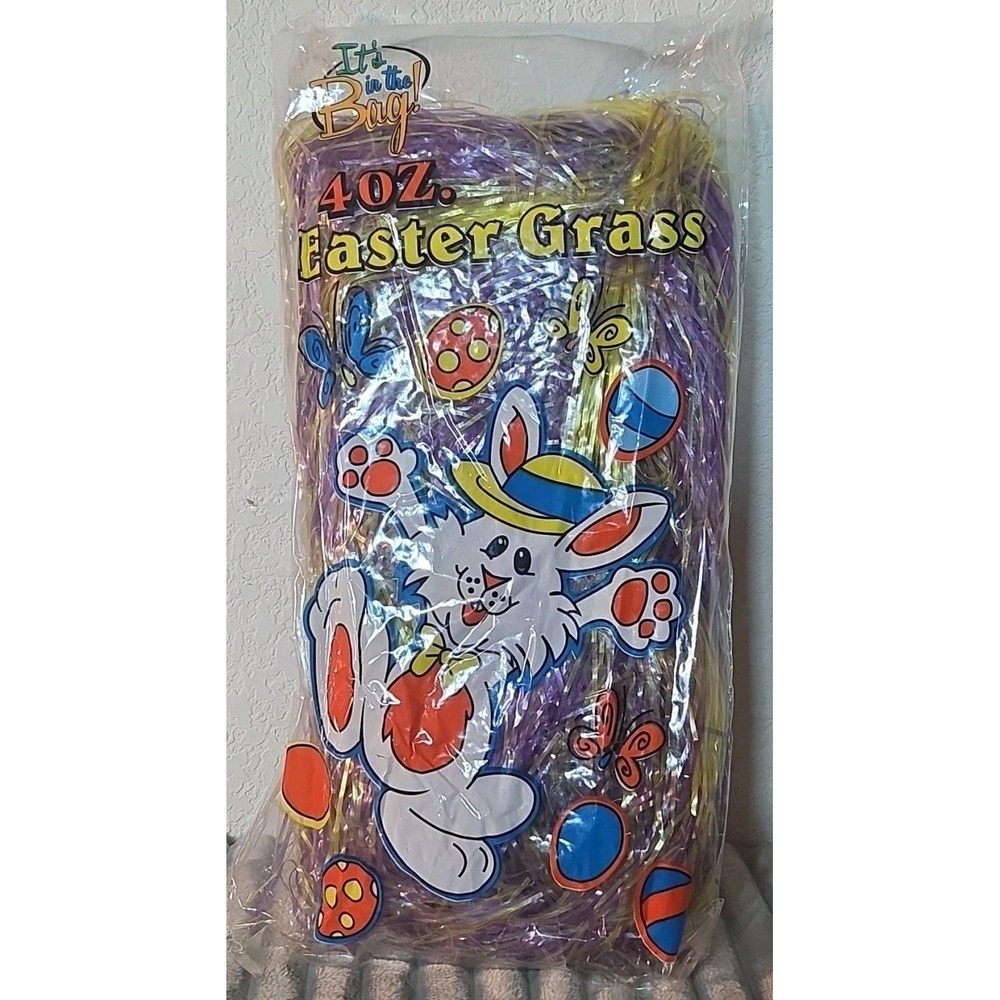 Vtg NOS Purple Yellow Easter Basket Grass 4oz Cellophane It's In The Bag Filler